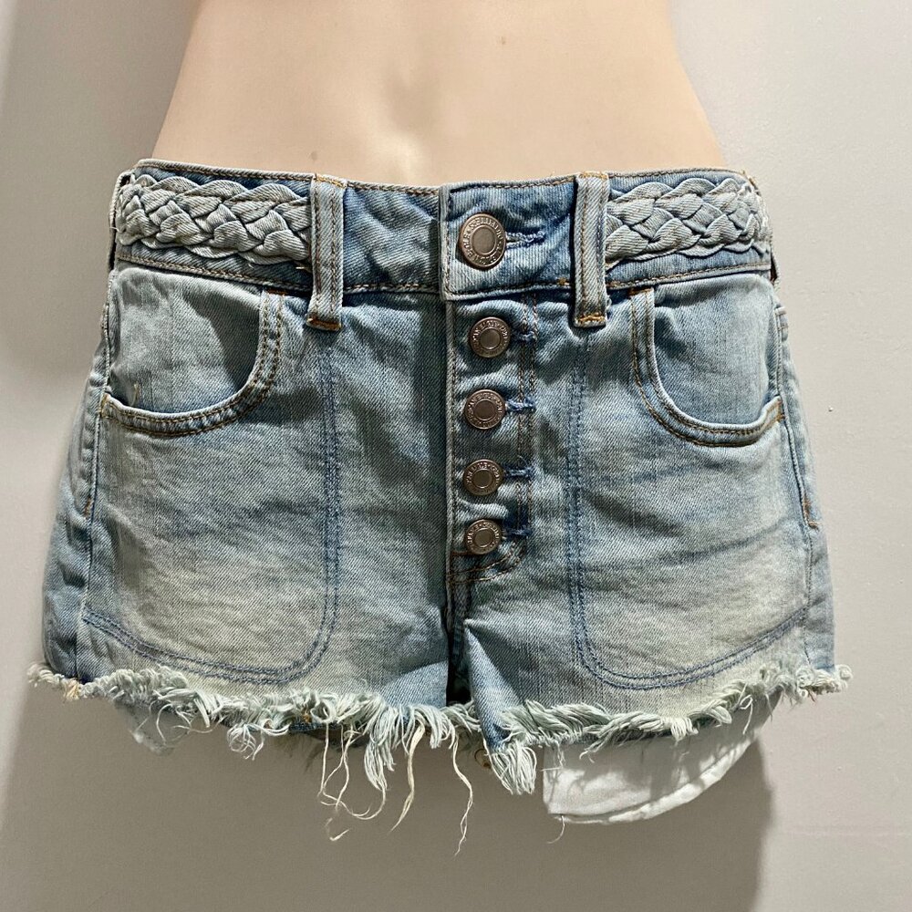 AEO Jean Denim Hi Rise Raw Hem Button Fly Y2K 90s Indie Cotton Shorties Shorts 4